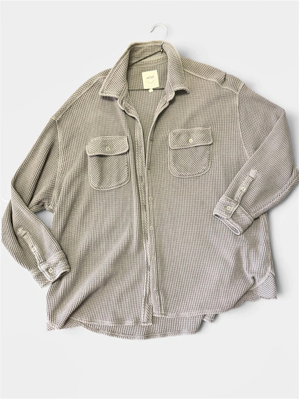Aerie LumberJane Waffle Button Down Shirt Utility Jacket Gray Large